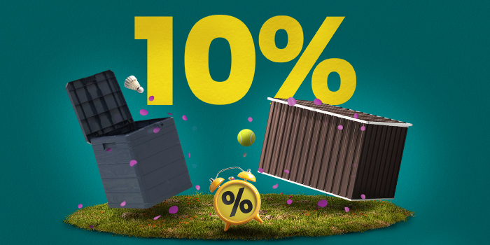 Банер с две външни кутии за съхранение, килим, трева и жълт будилник с голям жълт надпис „10%“.