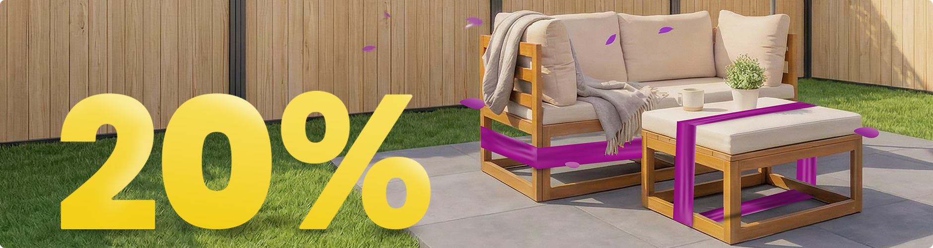 Дървен градински диван с бежови възглавници и масичка под чадър на слънчев вътрешен двор, заобиколен от цветя и ограда, с банер за пролетна промоция 20%. 