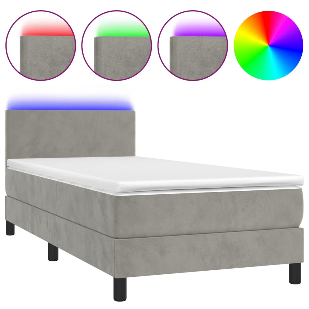 vidaXL Боксспринг легло с матрак и LED, светлосиво, 100x200 см, кадифе