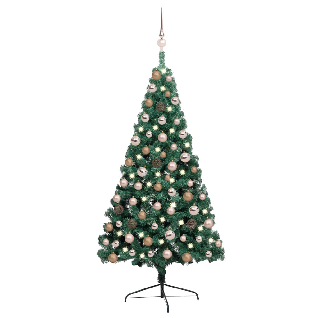 vidaXL Изкуствена светеща половин коледна елха с топки зелена 120 см
