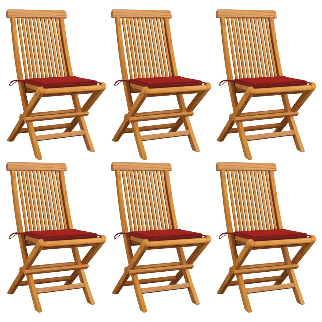 vidaXL Градински столове с червени възглавници 6 бр тиково дърво масив