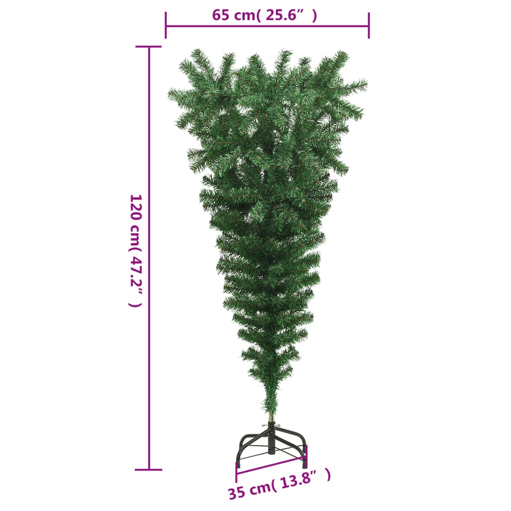 vidaXL Обърната изкуствена коледна елха със стойка, зелена, 120 см