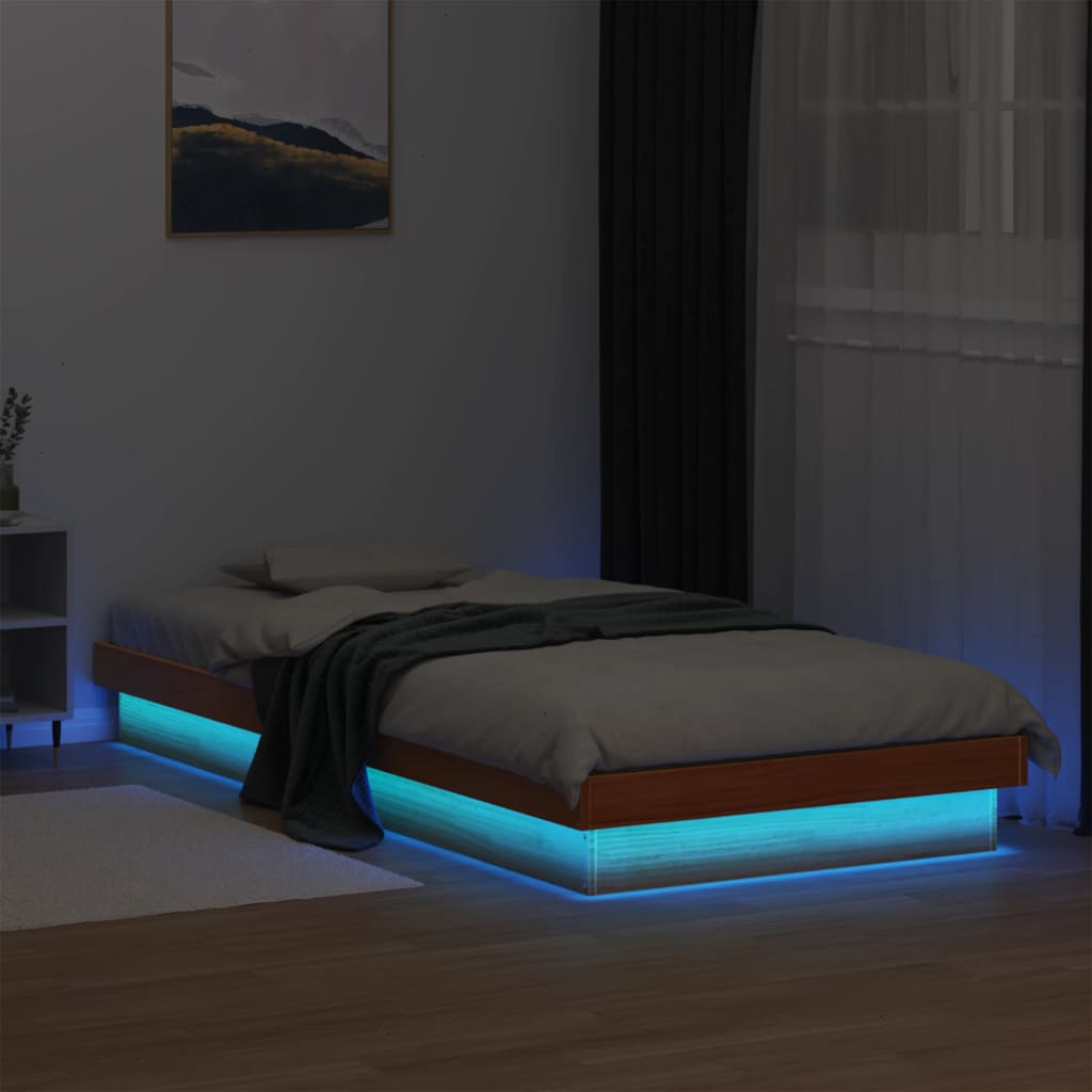 vidaXL LED рамка за легло восъчнокафяв 90x190 см борово дърво масив