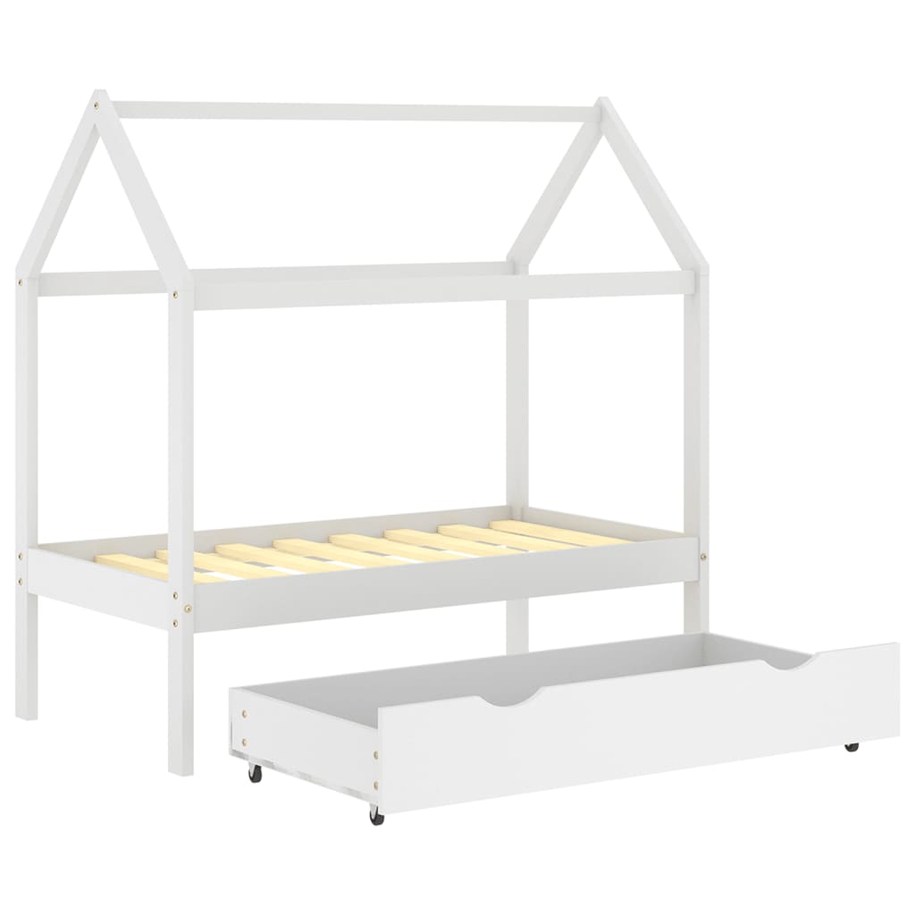 vidaXL Рамка за детско легло с чекмедже, бяла, бор масив, 70x140 см