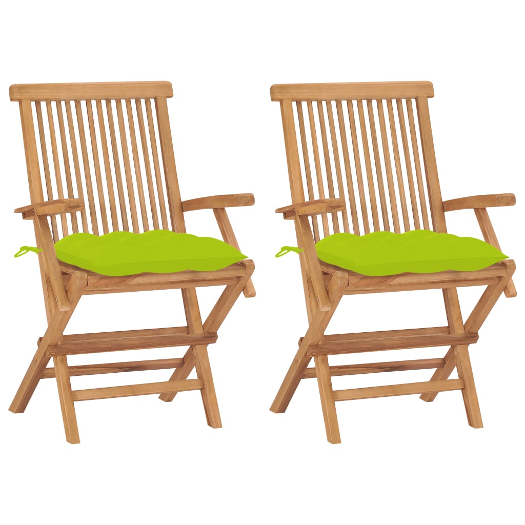 vidaXL Градински столове с яркозелени възглавници 2 бр тик масив