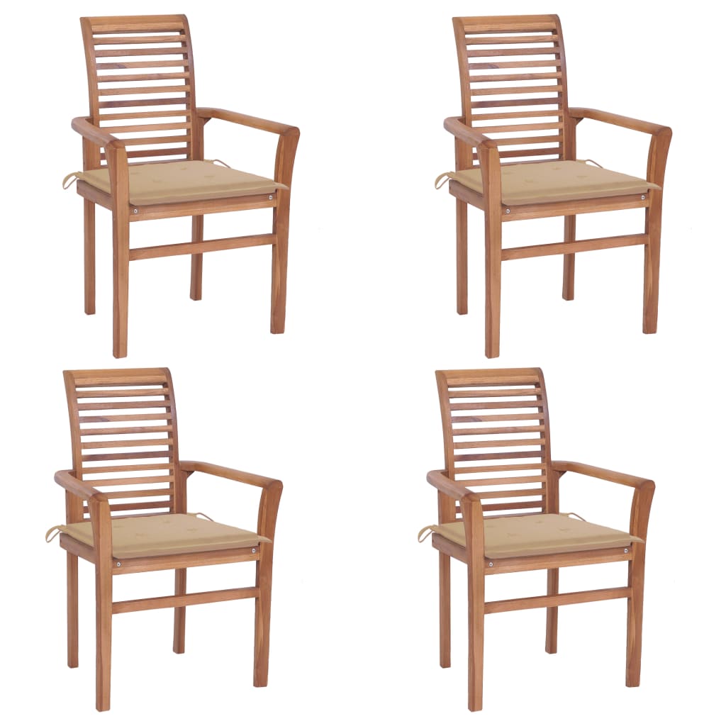 vidaXL Трапезни столове, 4 бр, с бежови възглавници, тик масив