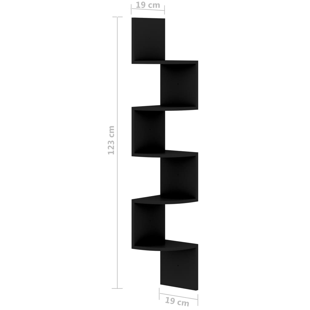 vidaXL Стенен ъглов рафт, черен, 19x19x123 см, инженерно дърво