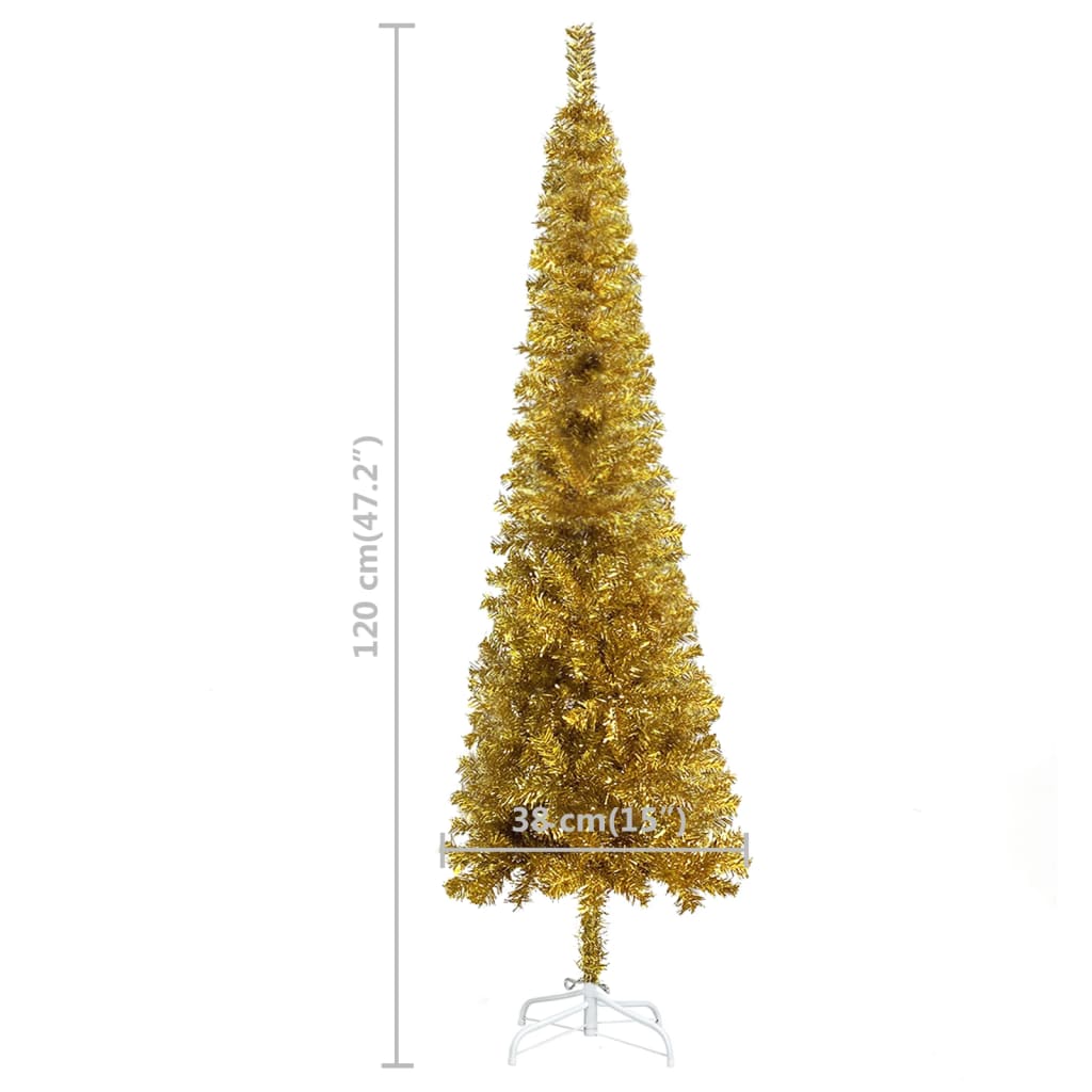vidaXL Тънка осветена коледна елха, златиста, 120 см