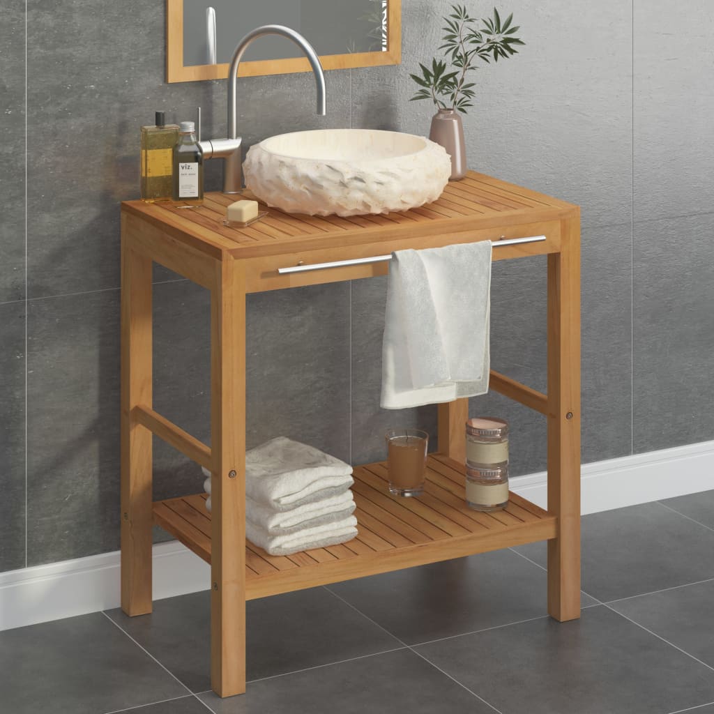 vidaXL Шкаф за баня от тиково дърво масив с кремава мивка от мрамор