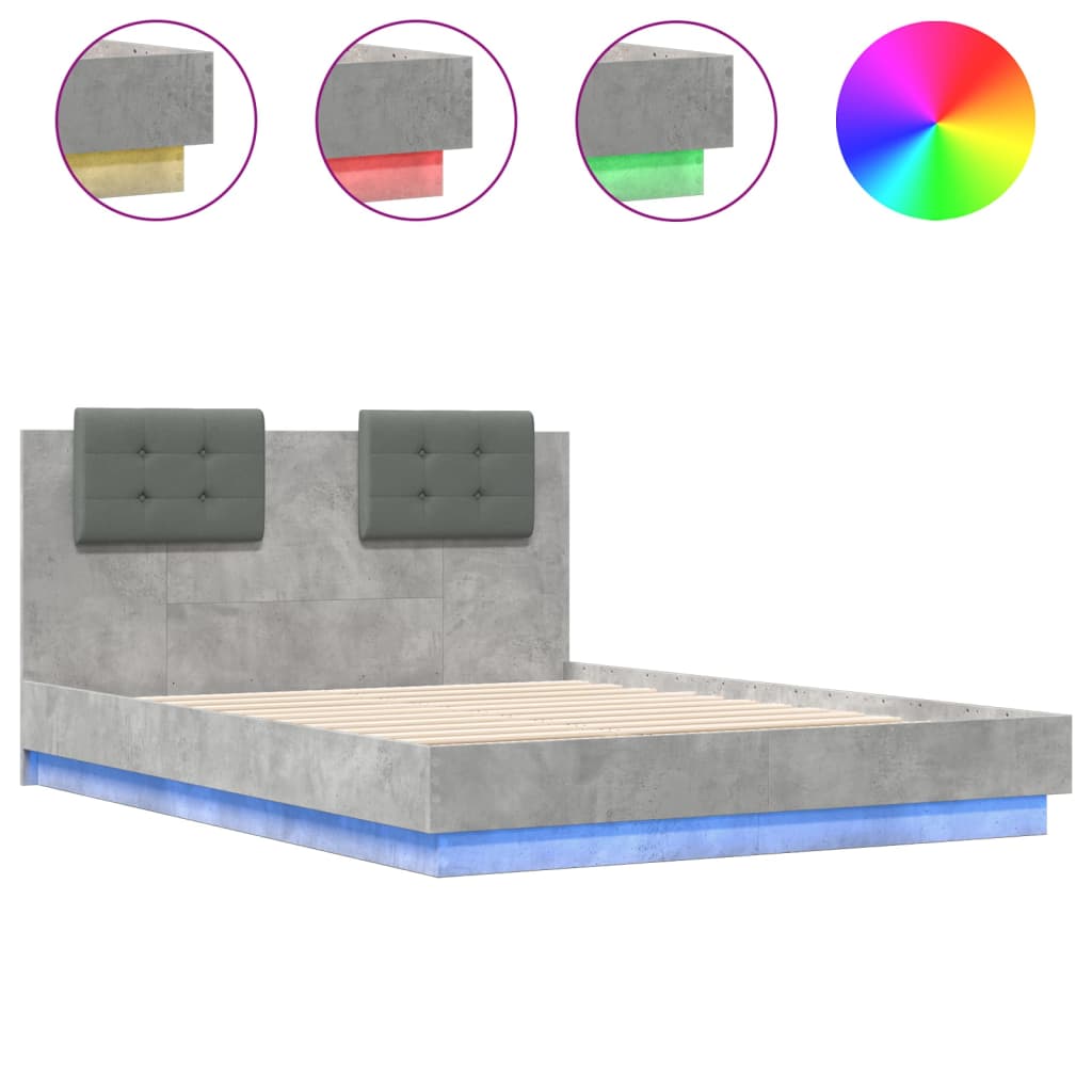 vidaXL Рамка за легло с табла и LED осветление бетонно сив 140x190 см