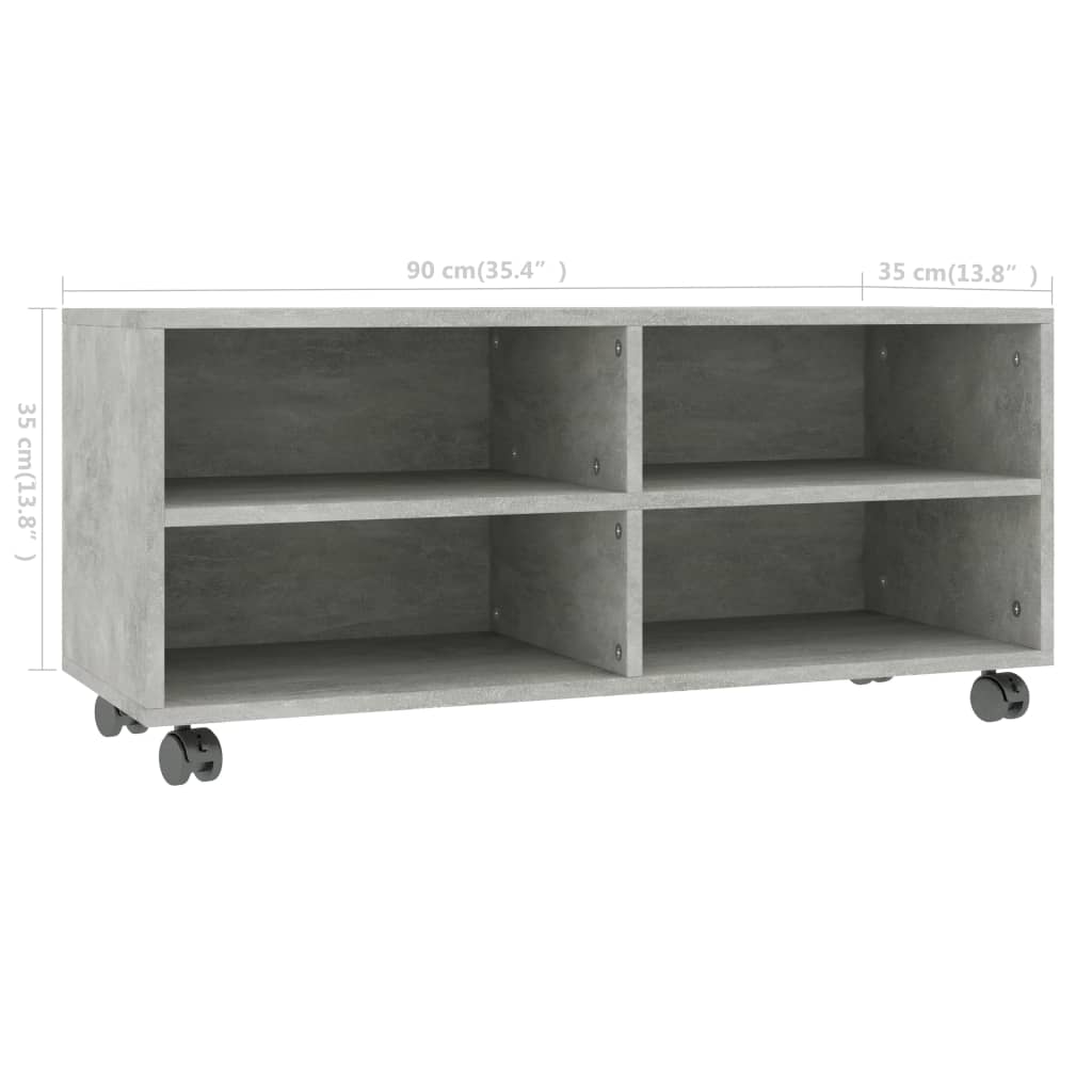 vidaXL ТВ шкаф с колелца, бетоново сиво, 90x35x35 см, инженерно дърво