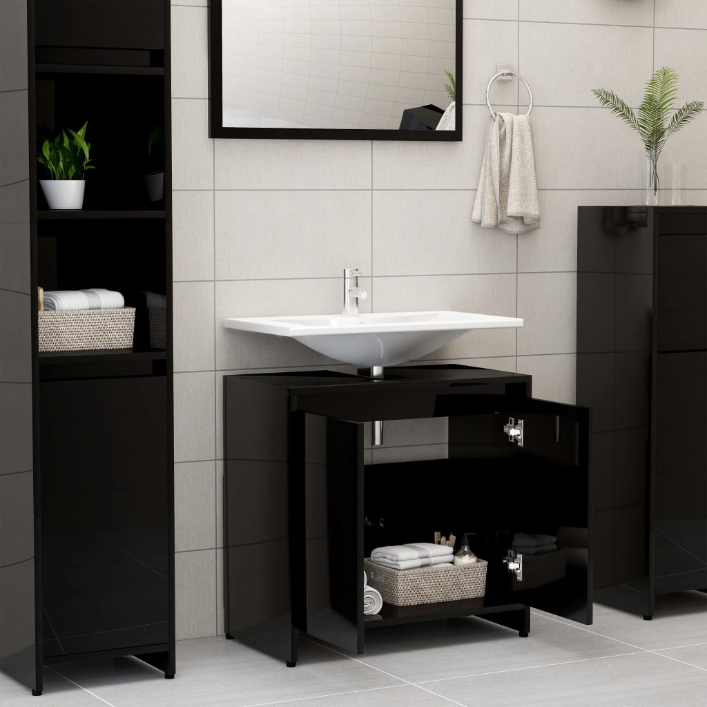 vidaXL Шкаф за баня, черен гланц, 60x33x61 см, ПДЧ