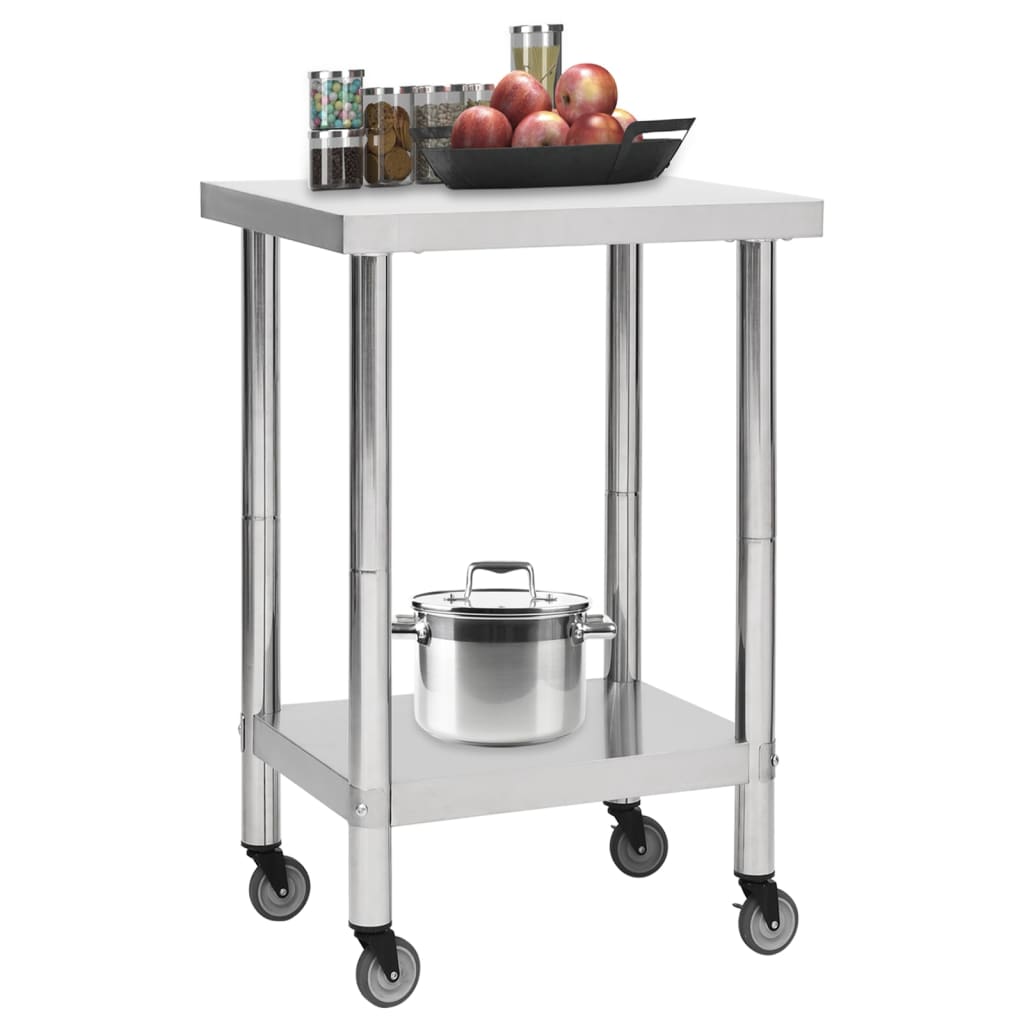 vidaXL Кухненска работна маса с колелца 60x60x85 см неръждаема стомана