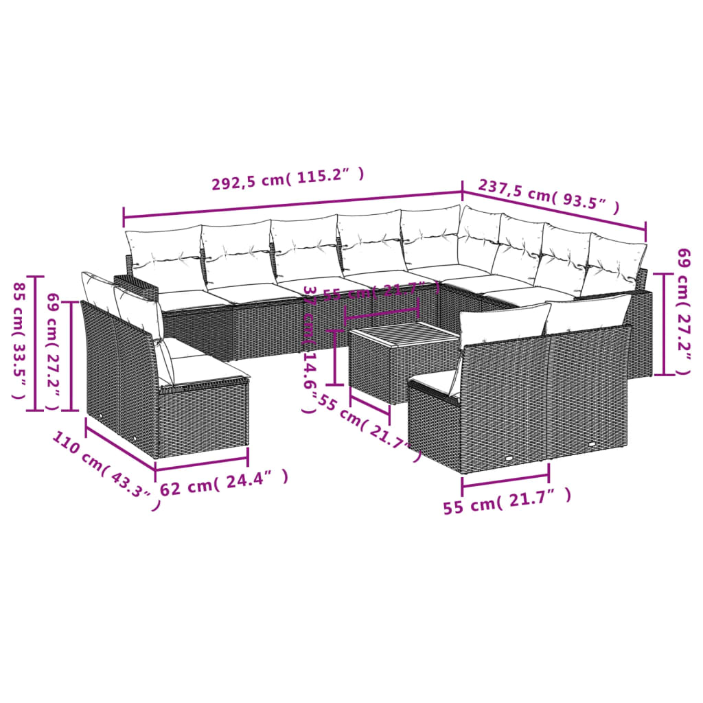 vidaXL Градински комплект диван с възглавници 13 части бежов полиратан