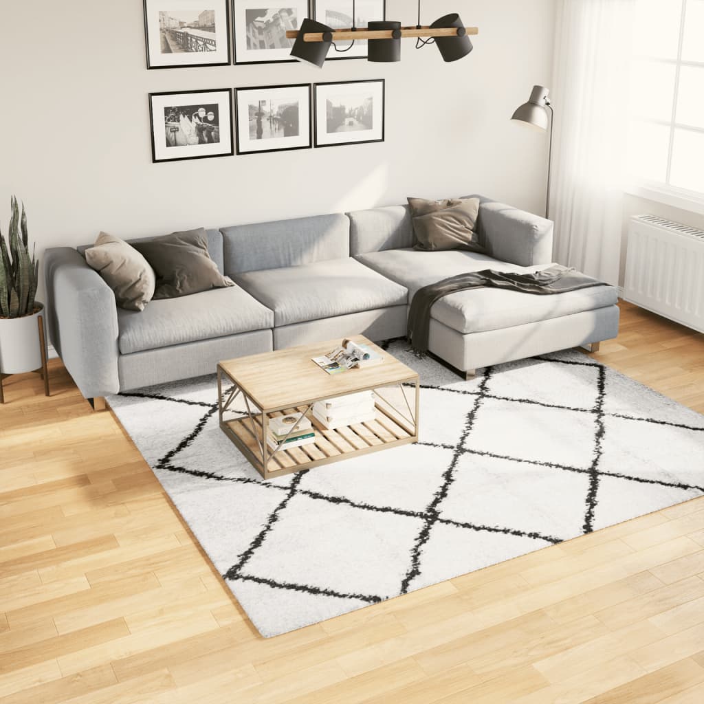 vidaXL Шаги килим с дълъг косъм, модерен, кремав и черен, 240x240 см