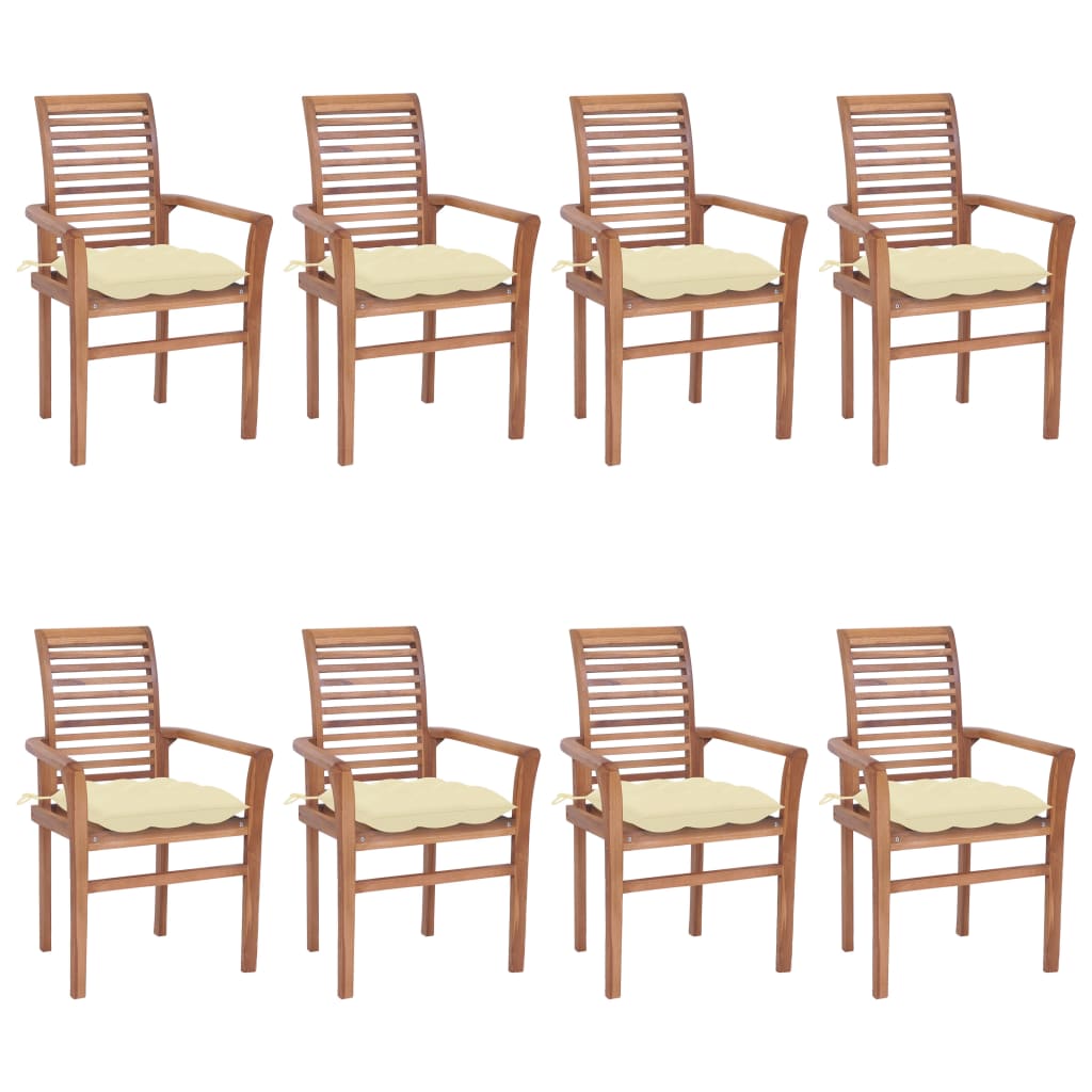 vidaXL Трапезни столове, 8 бр, с кремавобели възглавници, тик масив