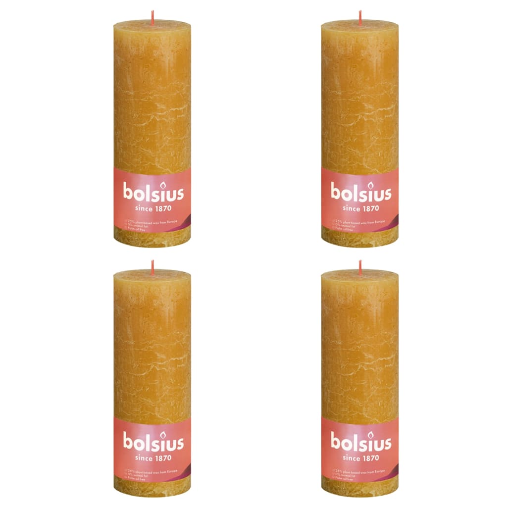 Bolsius Рустик колонни свещи Shine, 4 бр, 190x68 мм, жълта пчелна пита