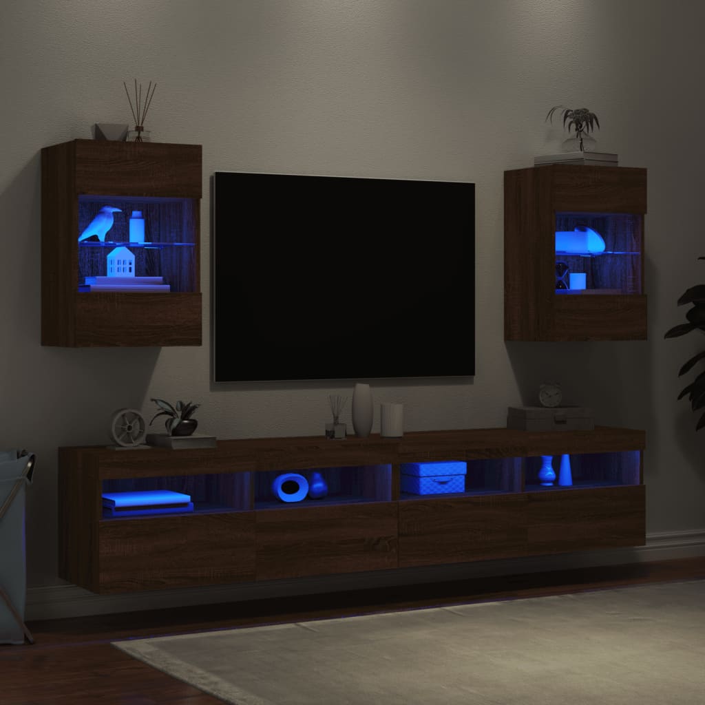 vidaXL Стенни ТВ шкафове с LED лампи, 2 бр, кафяв дъб, 40x30x60,5 см