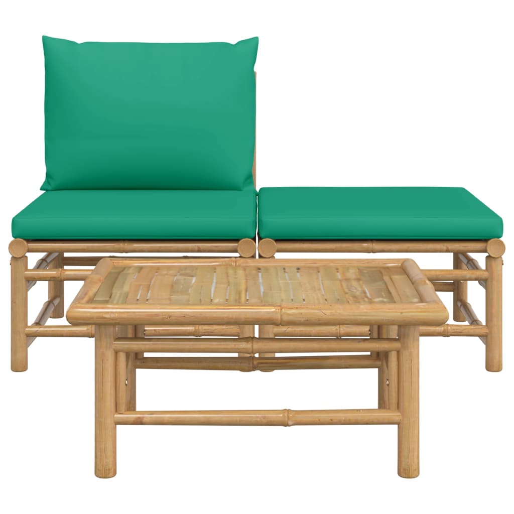 vidaXL Градински лаундж комплект със зелени възглавници 3 части бамбук