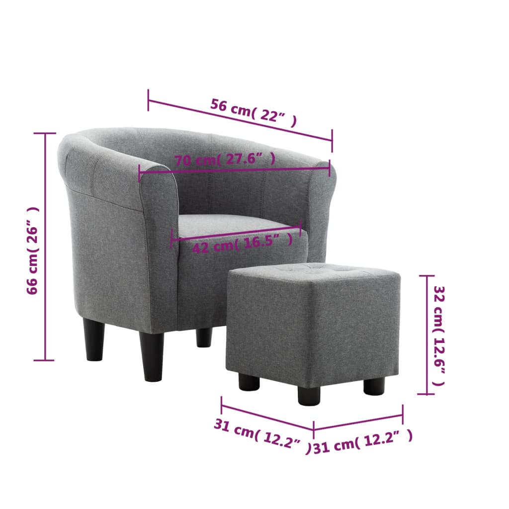 vidaXL Комплект фотьойл с табуретка, 2 части, светлосив, плат