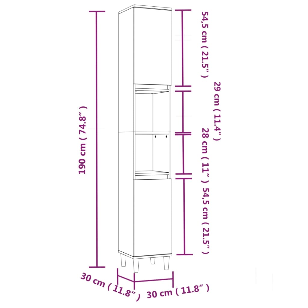 vidaXL Шкаф за баня, сонома дъб, 30x30x190 см, инженерно дърво