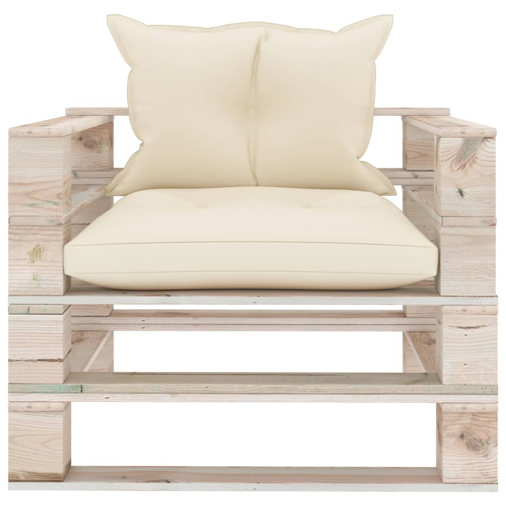 vidaXL Градински палетен диван с кремави възглавници, борово дърво