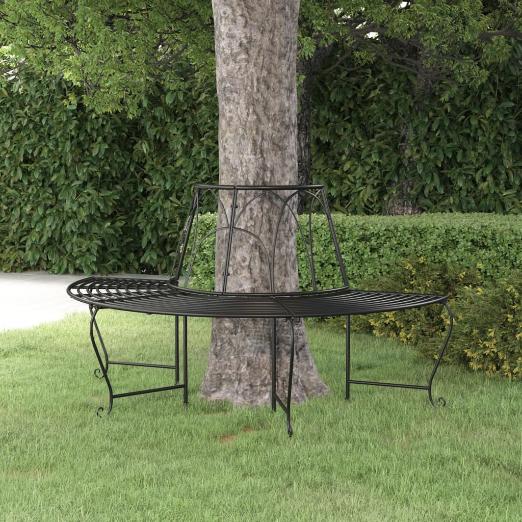 vidaXL Пейка за около дърво полукръг, Ø159 см, черна, стомана