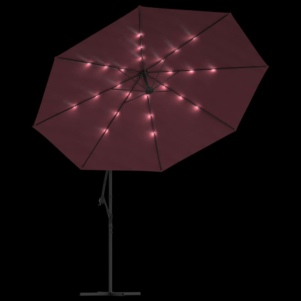 vidaXL Чадър с чупещо рамо и LED лампи бордо червен 350 см