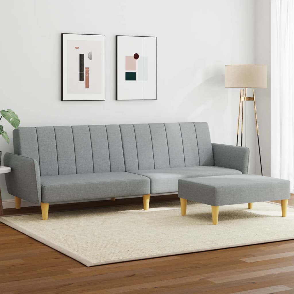 vidaXL 2-местен диван с табуретка, светлосив, текстил