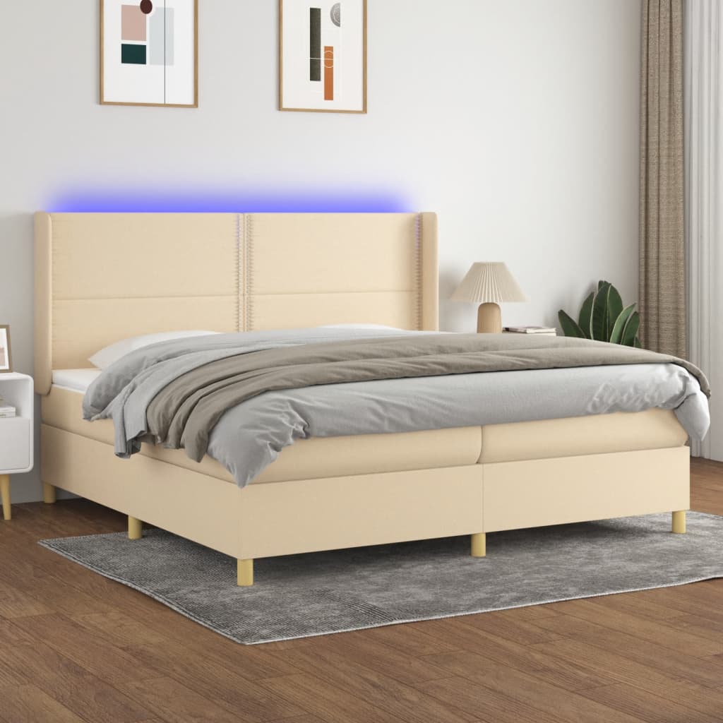 vidaXL Боксспринг легло с матрак и LED, кремава, 200x200 см, плат