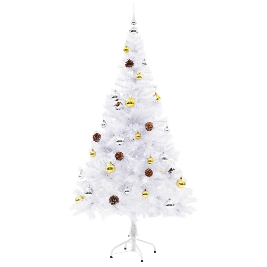 vidaXL Изкуствена готова осветена коледна елха с топки бяла 150 см