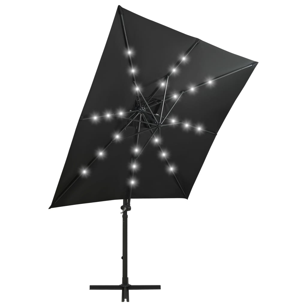 vidaXL Чадър с чупещо рамо, прът и LED лампи, черен, 250 см