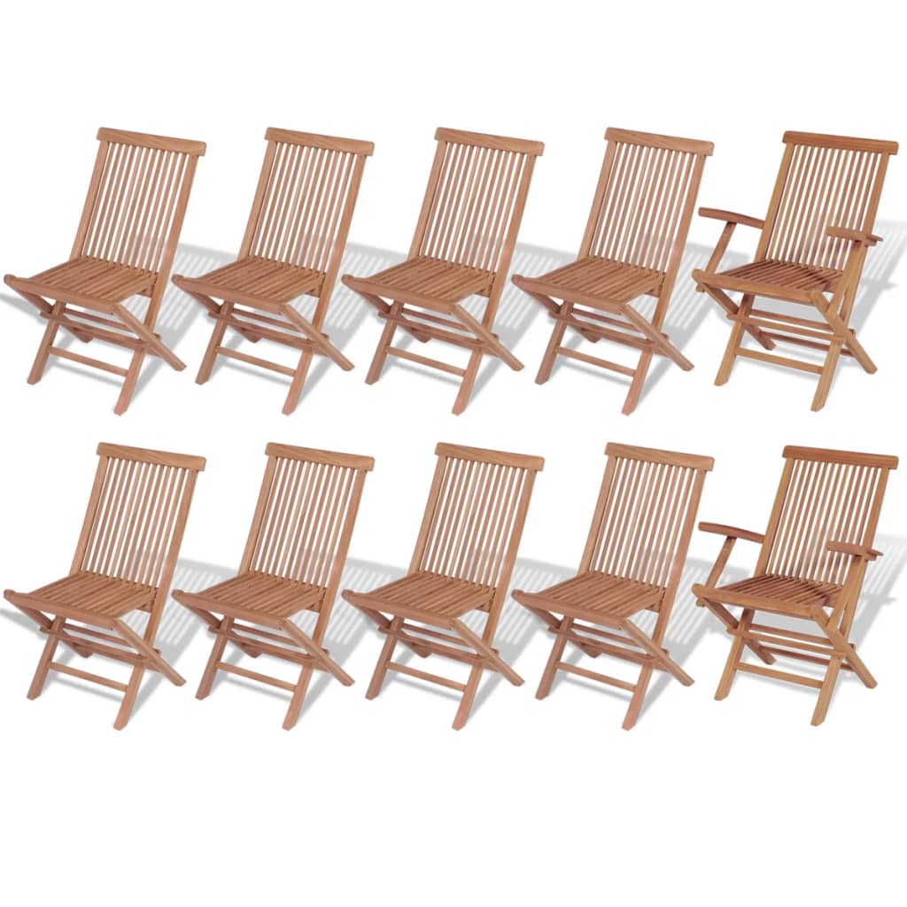 vidaXL Градински комплект, 11 части, сгъваеми столове, тик масив