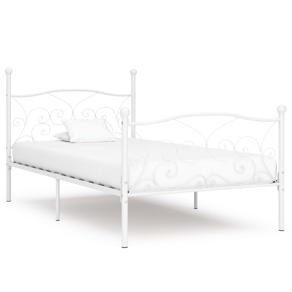 vidaXL Рамка за легло с ламелна основа, бяла, метал, 100x200 см