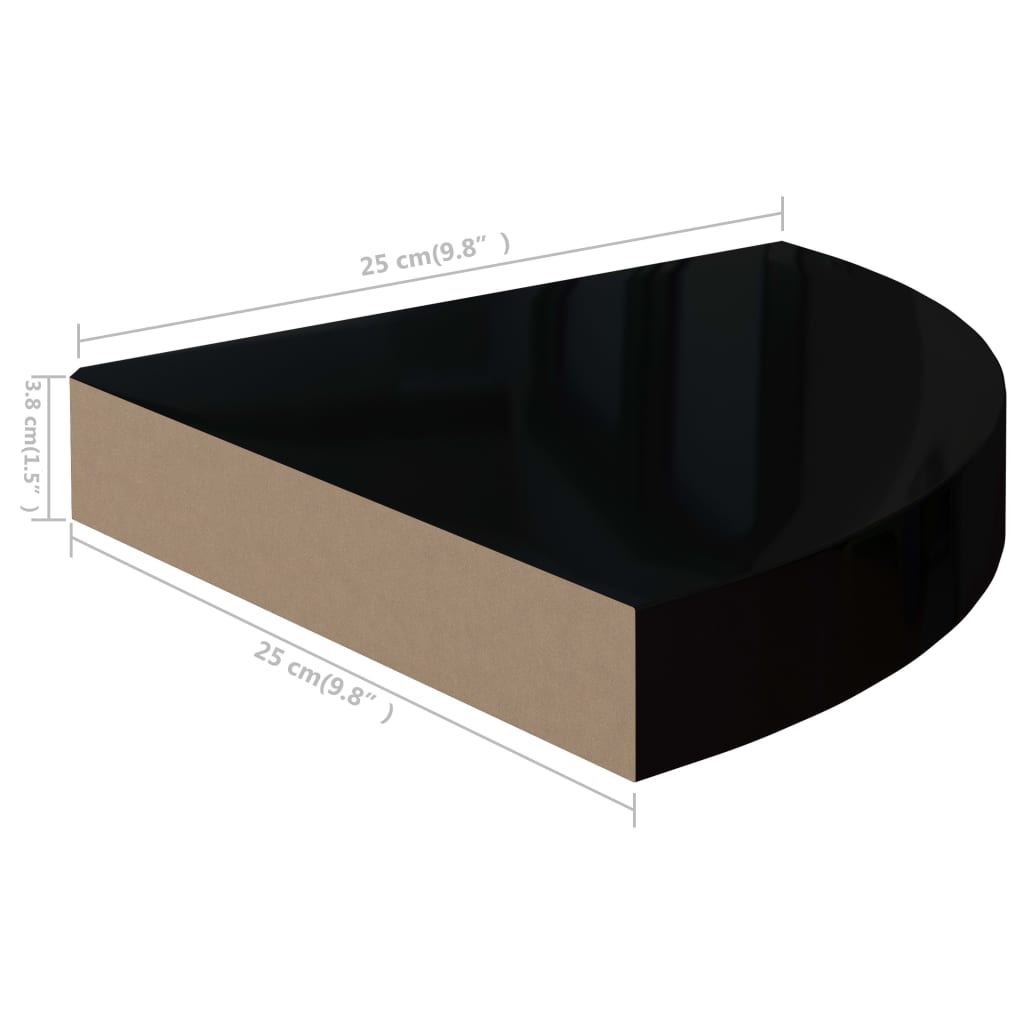 vidaXL Окачени ъглови рафтове, 4 бр, черен гланц, 25x25x3,8 см, МДФ
