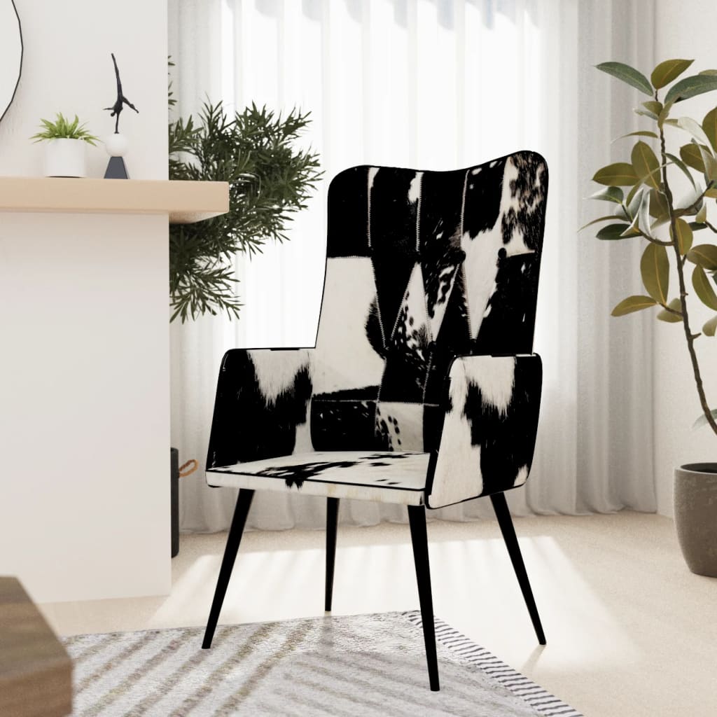 vidaXL Wingback стол с косъм, черно и бяло, естествена кожа