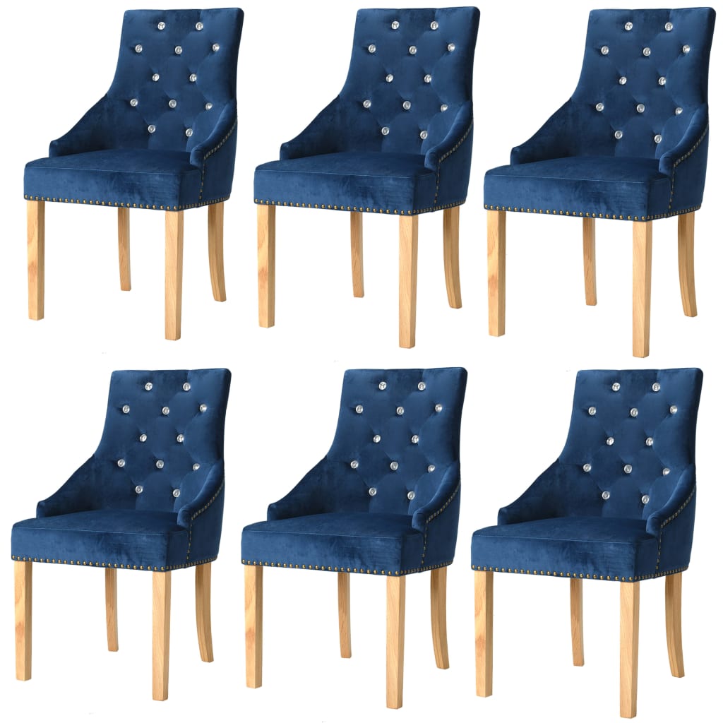 vidaXL Трапезни столове, 6 бр, сини, дъб масив и кадифе