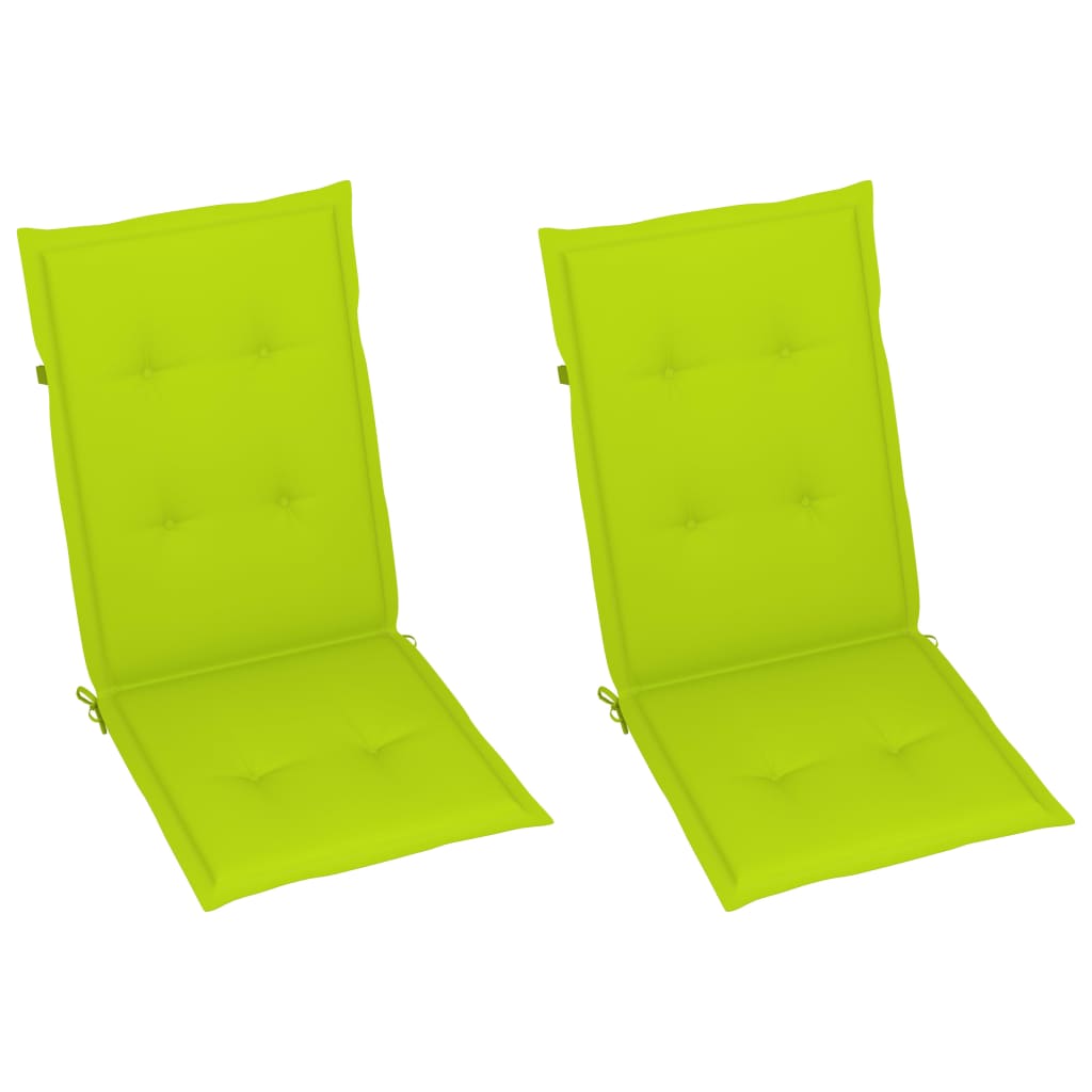 vidaXL Градински столове, 2 бр, яркозелени възглавници, тик масив