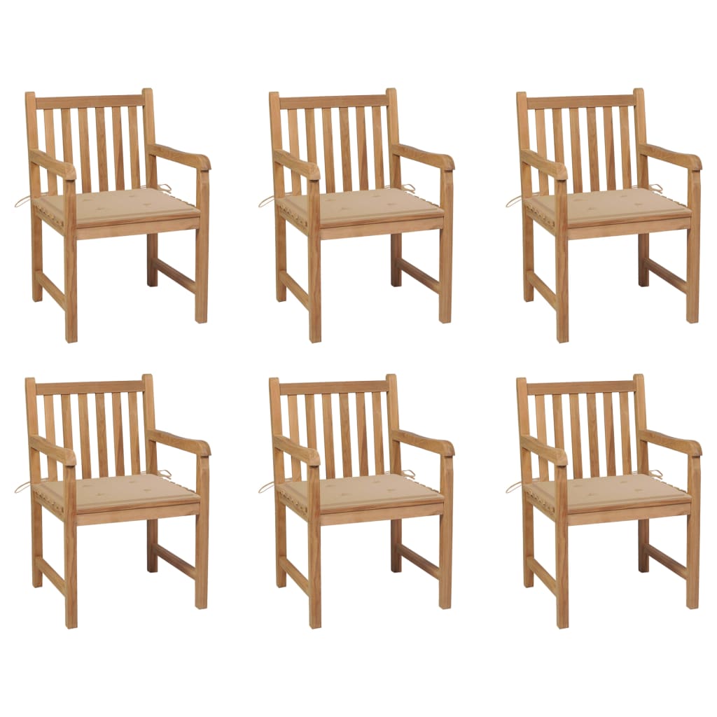 vidaXL Градински столове 6 бр с бежови възглавници тиково дърво масив