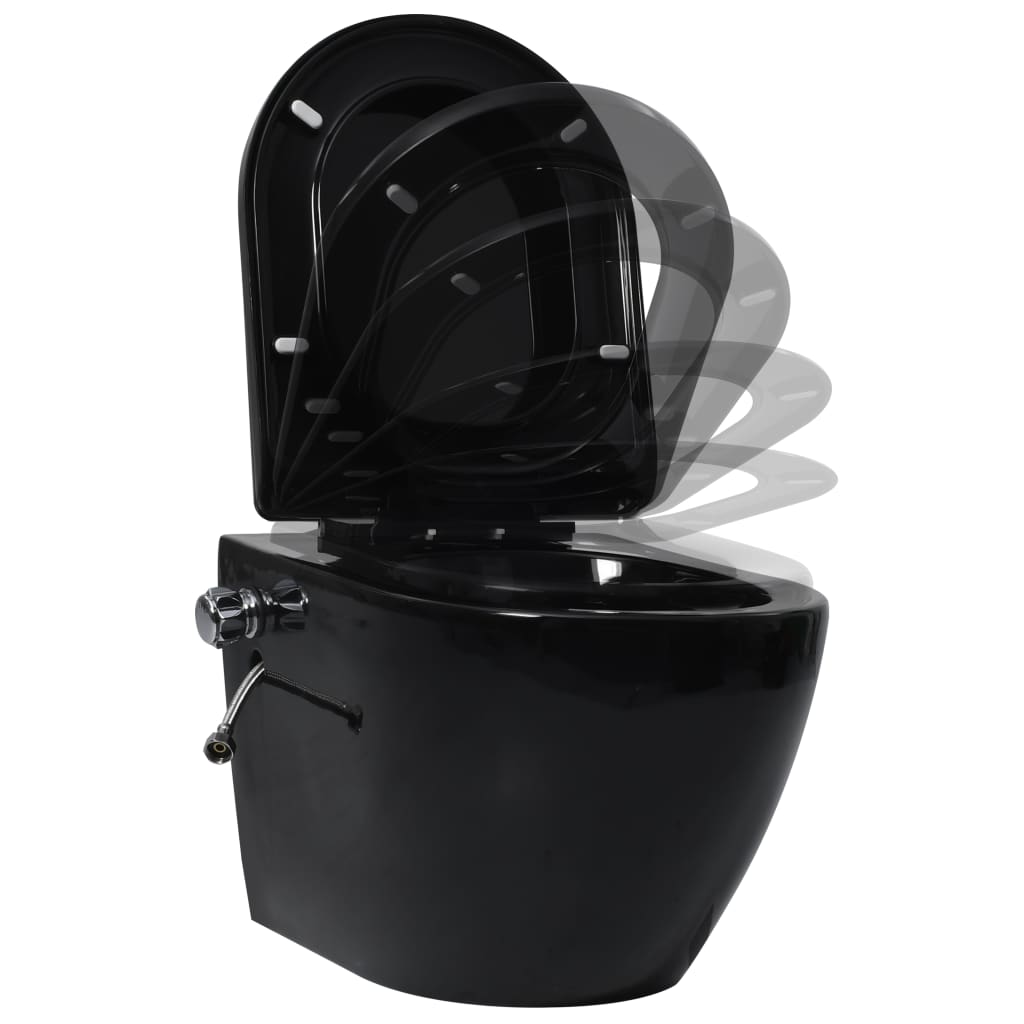 vidaXL Окачена тоалетна без ръбове със скрито казанче черна керамика