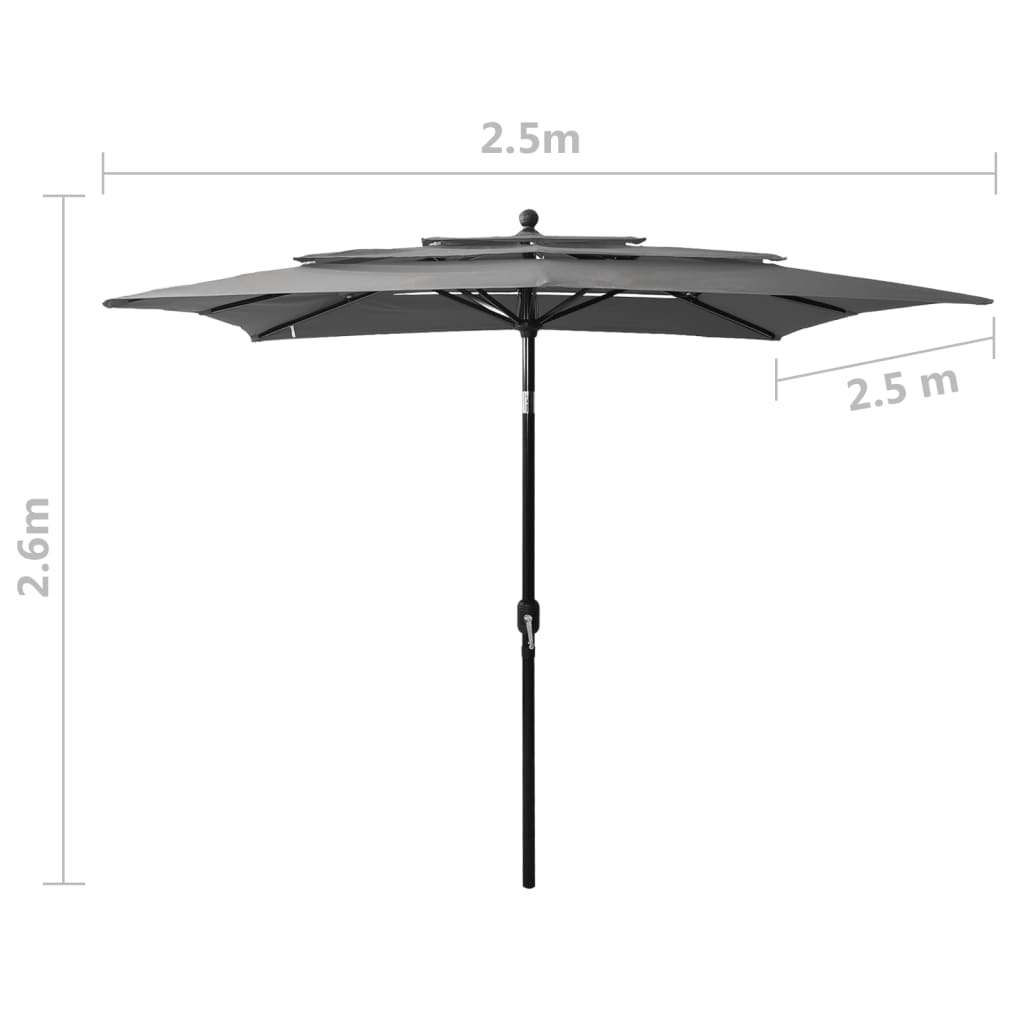 vidaXL Градински чадър на 3 нива с алуминиев прът, антрацит, 2,5x2,5 м