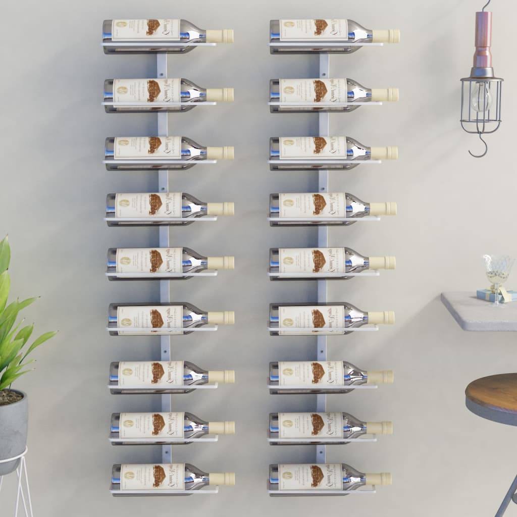 vidaXL Стойки за вино за 9 бутилки, стенен монтаж, 2 бр, бели, желязо