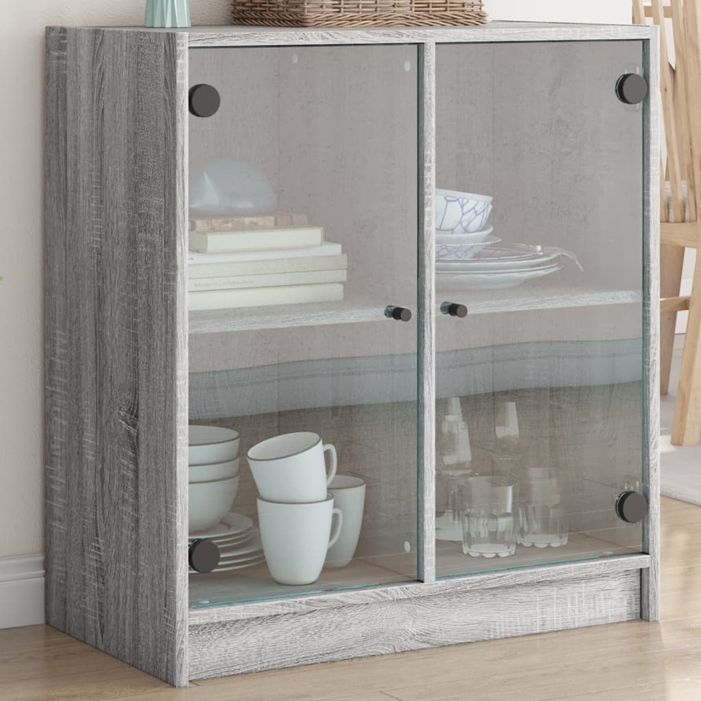 vidaXL Страничен шкаф със стъклени врати, сив сонома, 68x37x75,5 см