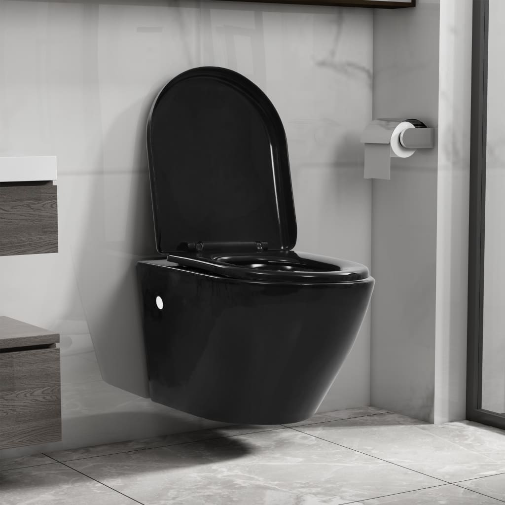 vidaXL Окачена тоалетна чиния без ръб, керамична, черна
