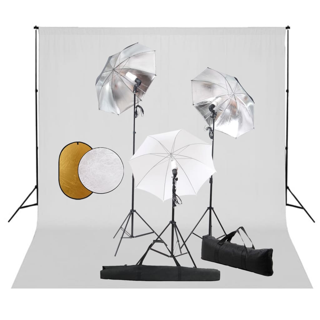 vidaXL Фотографски комплект за студио с лампи, чадъри, фон и рефлектор