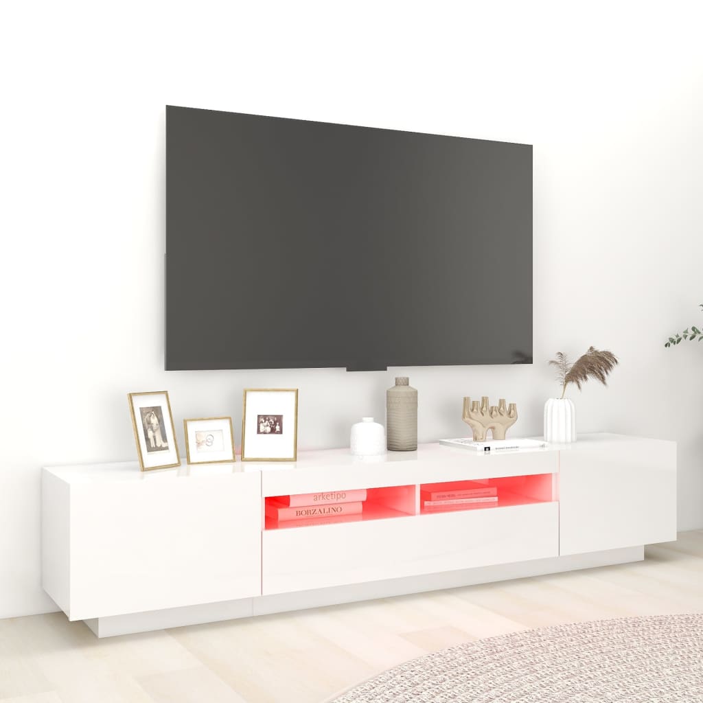 vidaXL ТВ шкаф с LED осветление, бял гланц, 200x35x40 см
