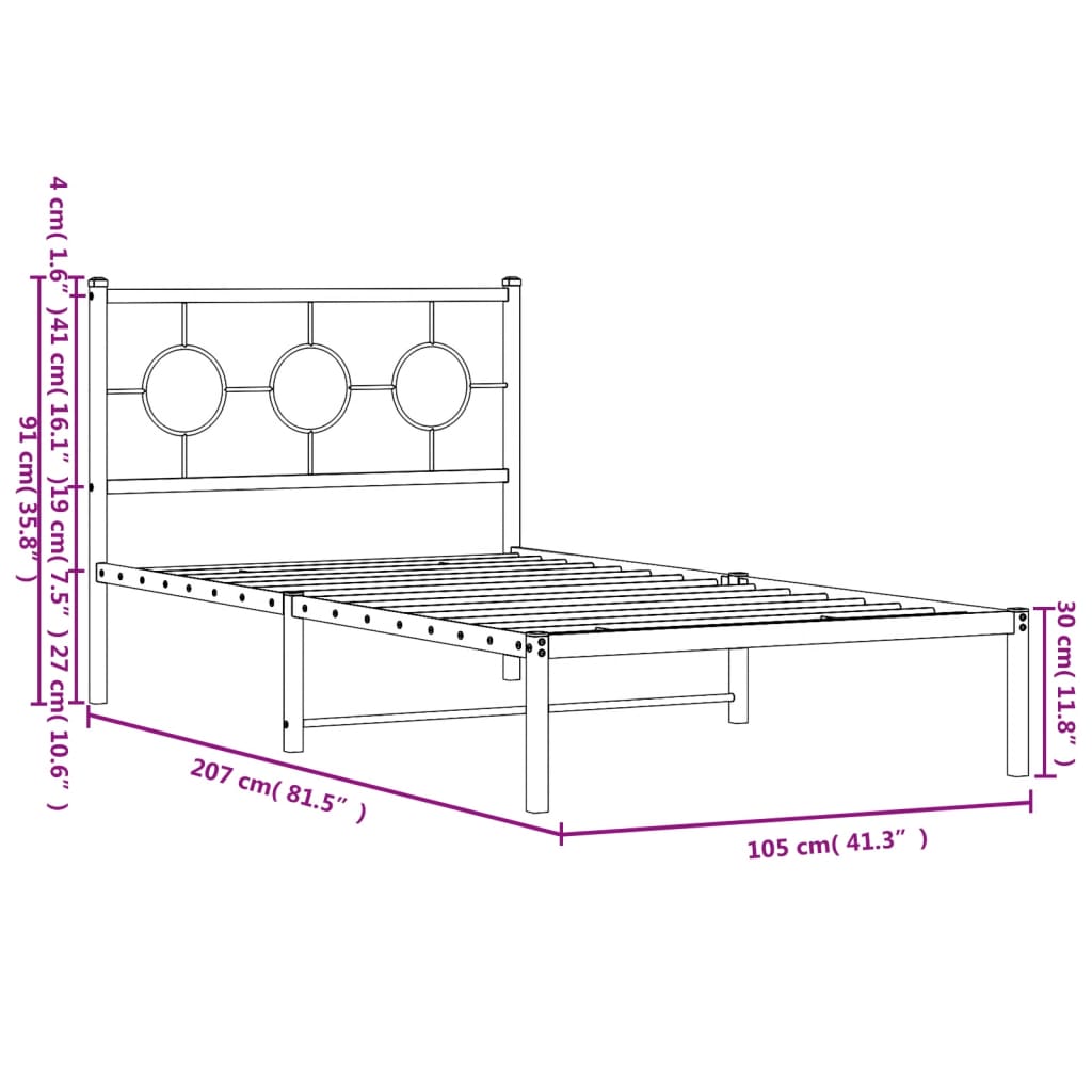 vidaXL Метална рамка за легло с горна табла, черна, 100x200 см