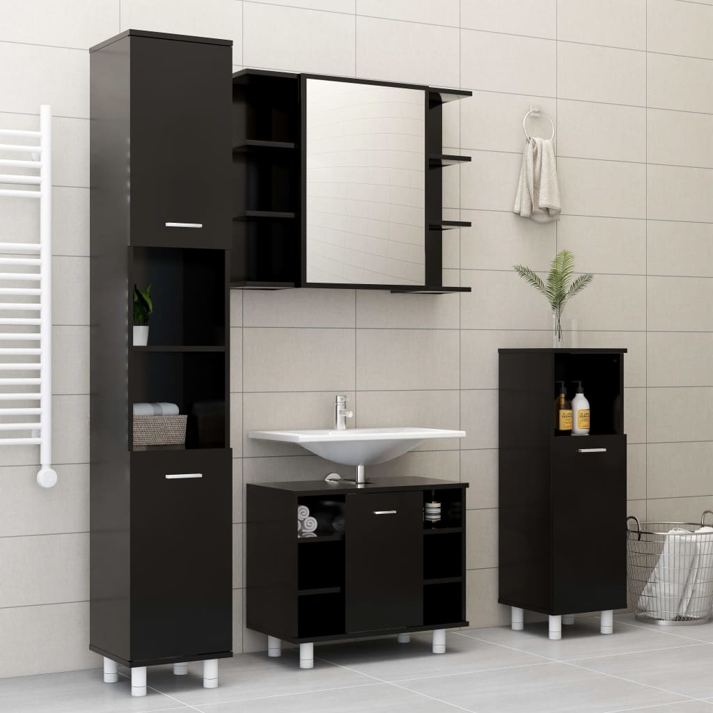 vidaXL Шкаф за баня, черен, 30x30x95 см, ПДЧ