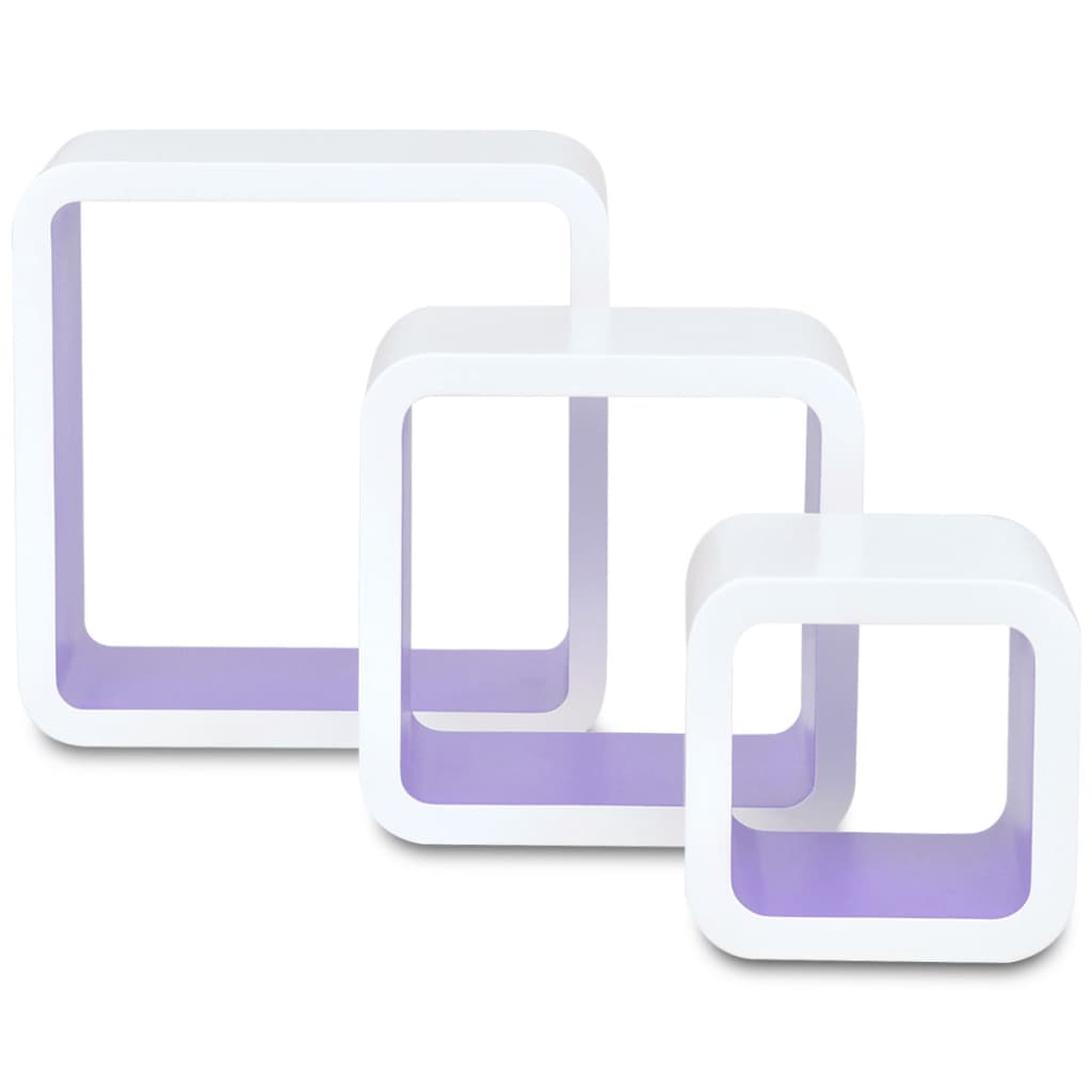 Стенни рафтове за книги/DVD, MDF, бяло/лилаво, с форма на куб, 3 бр.