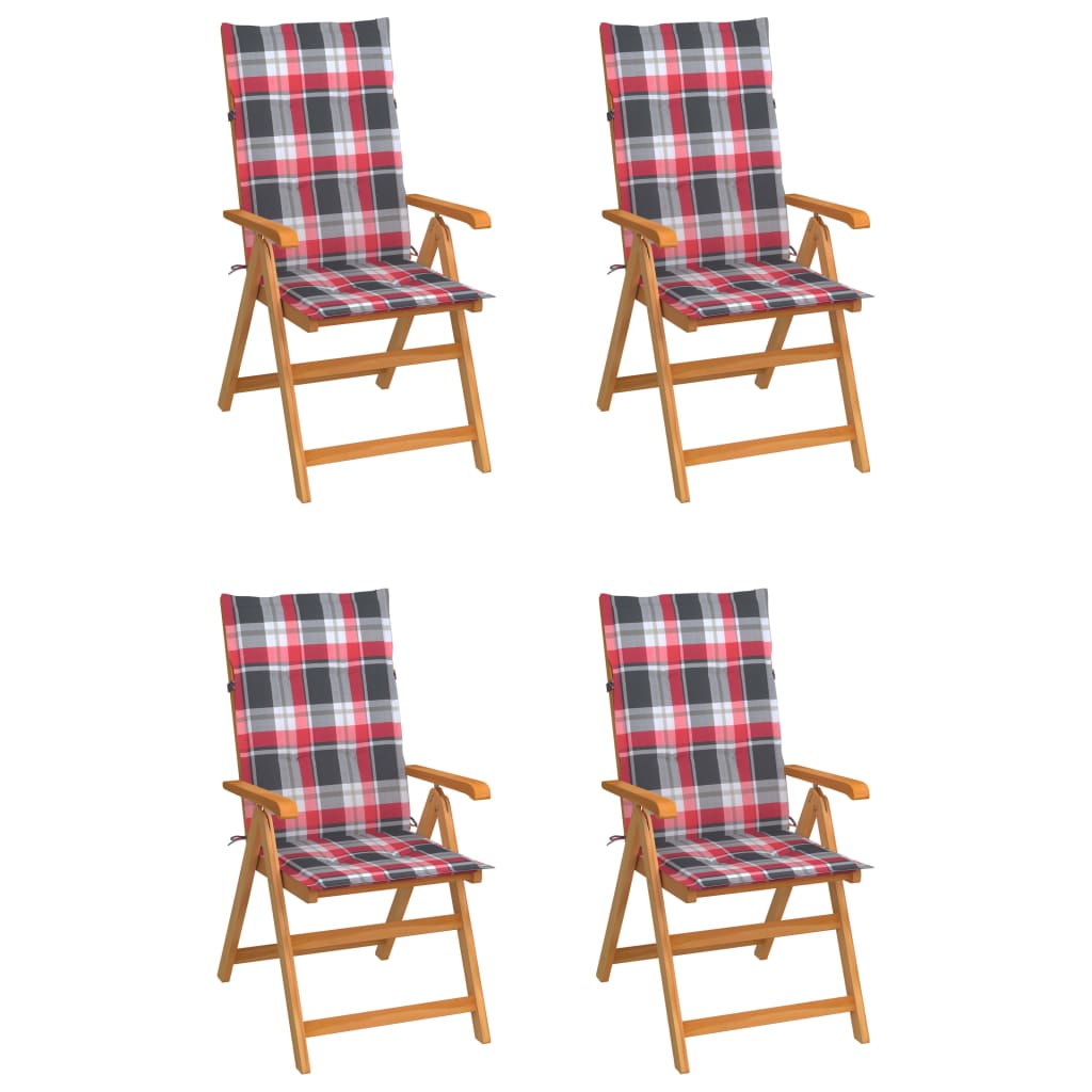 vidaXL Градински столове, 4 бр, възглавници на червено каре, тик масив